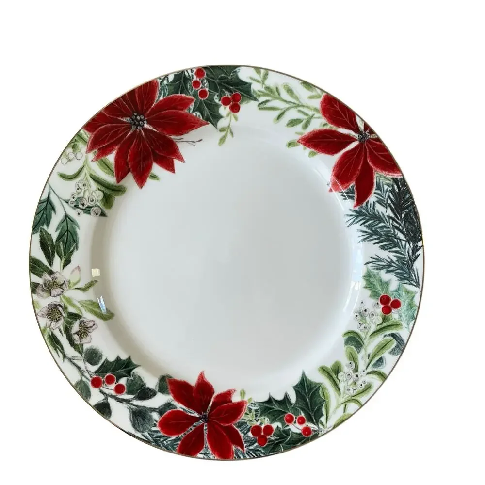 Grace Teaware Christmas Poinsettia Dinner Plates 10.5in Set of 4 Holiday New
